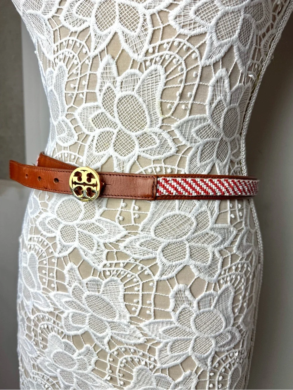 Tory Burch Cognac Leather Beaded Belt with Red and White Beads with TT Buckle XS